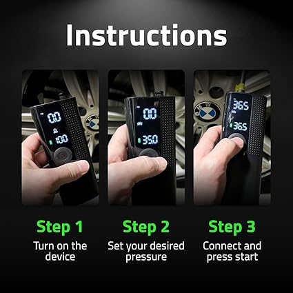 Airmoto Tire Inflator Portable Air Compressor - Air Pump For Car Tires with Digital Pressure Gauge, LED Light and Auto Shut-Off Function - Cordless Pump for Car, Motorcycle, Bicycle, Ball