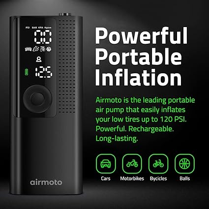 Airmoto Tire Inflator Portable Air Compressor - Air Pump For Car Tires with Digital Pressure Gauge, LED Light and Auto Shut-Off Function - Cordless Pump for Car, Motorcycle, Bicycle, Ball